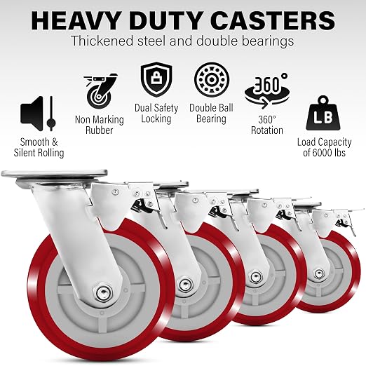 6 Inch Caster Wheels Heavy Duty Casters Set of 4 Lockable Cart Wheels - Image 3