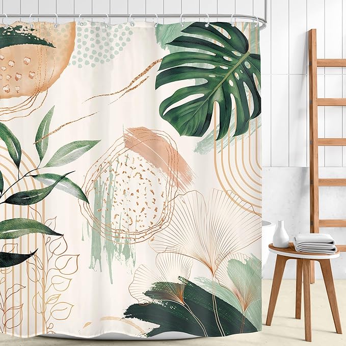 Boho Shower Curtain 72Wx78H Modern Abstract Tropical Green Leaves Plant Palm Bohemian Mid Century Botanical Geometric Arch Bathroom Decor Minimalist Bath Curtain Fabric Polyester 12 Pack Hooks