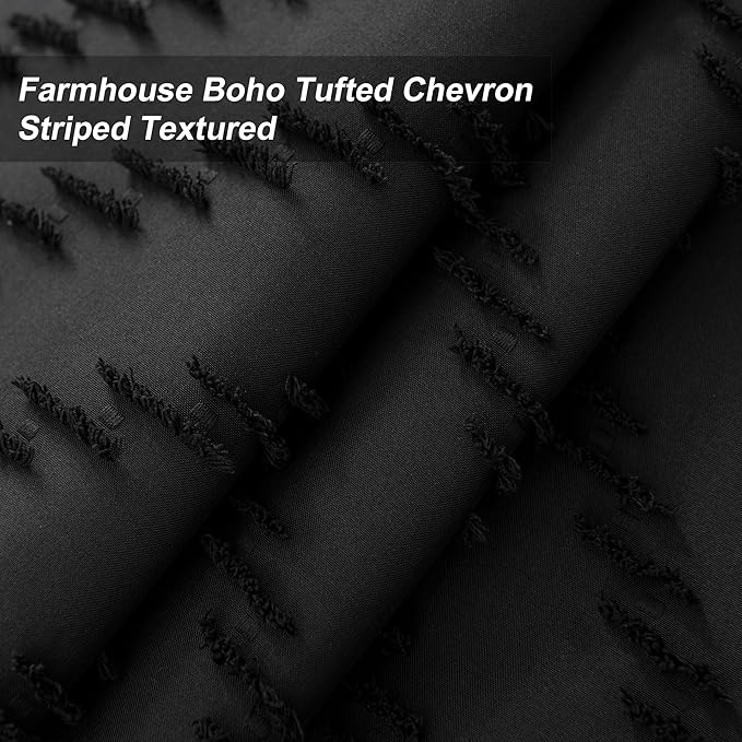 No Hooks Stall Fabric Shower Curtain with Snap in Liner- Water Repellent Tufted Chevron Striped Shower Curtains for Bath Tubs, Narrow Hotel Quality Bath Curtain Set, 36Wx74H, Black
