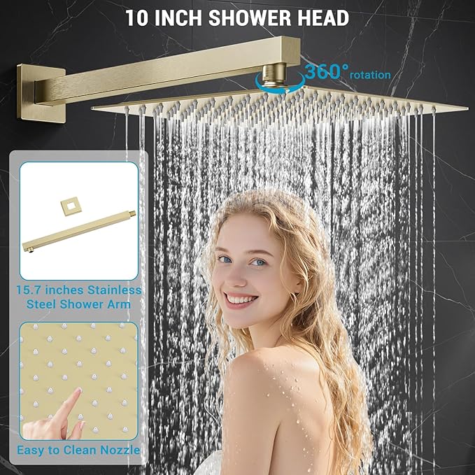 Rain Shower Faucet Set Wall Mounted Rainfall with Tub Spout Shower Head System Rough-in Valve Body and Trim Included Brush Gold (10 Inches)