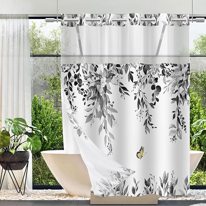 No Hook Shower Curtain and Liner Set, Grey Eucalyptus Floral Shower Curtains for Bathroom, Bath Curtain Sets with Snap in Liner, Waterproof with See Through Top Window, 71x84 Inches