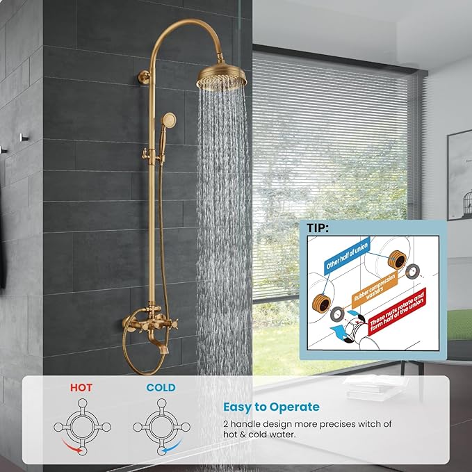 gotonovo Exposed Bathroom Shower System Classic Shower Kit 8 Inch Luxurious Rainfall Shower Head Handheld Spray Tub Filler Brass Pipe 3-Function Wall Mount Double Cross Knobs Antique Brass