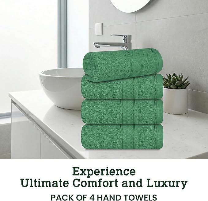 Casa Lino 100% Cotton Hand Towels for Bathroom - Soft, Highly Absorbent & Quick Dry Kitchen Towels - Gym Towel Set - Travel Towel Set - 24" x 16" - Pack of 4 - (Green)