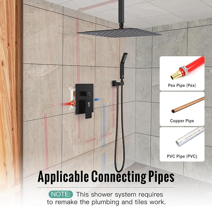 SR SUN RISE 16 Inches Matte Black Shower Set System Bathroom Luxury Rain Mixer Shower Combo Set Ceiling Mounted Rainfall Shower Head Faucet (Contain Shower Faucet Rough-In Valve Body and Trim)