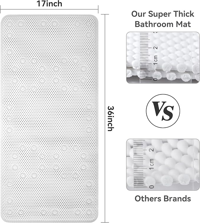 Double Layer Foam Non Slip Bathtub Mat 37x17in, More Comfortable and Thicker Tub Mat Than Ordinary Foam Shower Mat, Bath Mat for Tub with Suction for Comfort and Safety (White, 36'' x 17'')