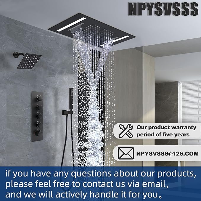 Dual Rain Shower Head Thermostatic Luxury Spa Shower System And Ceiling Mount 14x20 Inch LED 4 Functions with 6 Inch Wall Head Shower Faucet Set,Matte Black