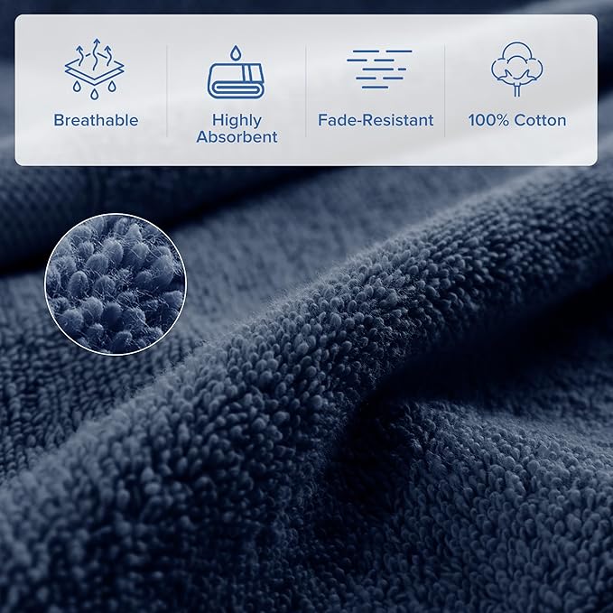Comfort Spaces Turkish Bath Towel Set of 4 Piece 27x54 Medium 100% Cotton Towels Highly Absorbent Soft Quick Dry Shower for Bathroom Spa Navy Blue