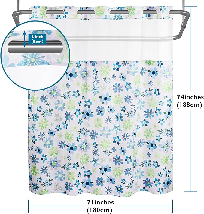 Lagute SnapHook Hook Free Fabric Floral Shower Curtain for Modern Bathroom with Snap-in Liner & See Through Top Window, Machine Washable | Hotel Grade, 71Wx74L, Green Daisy