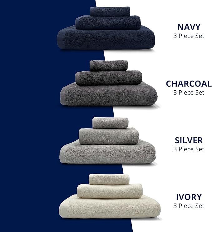 Lincoln & Palm 3 Piece Turkish Towels Set, Thick, Soft, Plush 700 GSM Spa & Hotel Quality, Silver Infused SILVERbac | Bath 58x30, Hand 30x16, Face Wash Cloth 13x13 (Navy, 3 Piece Towel Set)