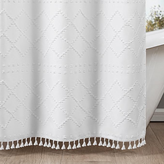 ROSERY No Hook Shower Curtain with Snap in Fabric Liner Set, Boho Farmhouse Jacquard Tufted Geometric Striped Shower Curtain for Bathroom with Tassel, Trellis Pattern, 71" W x 74" L