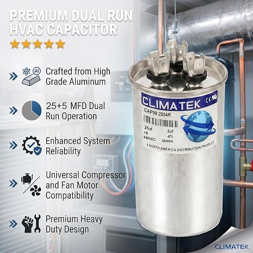 ClimaTek 25 + 5 MFD 370/440 Volt Dual Run Capacitor CAP99-2554R | 25/5 VAC | - Image 5