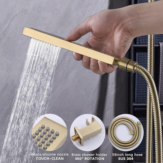 Digital Shower System Brushed Gold Shower Faucet Set with Wall Mount 8 inch Shower Head and 6 PCS Body Jet, Handheld Shower, with Tempreature Display Function
