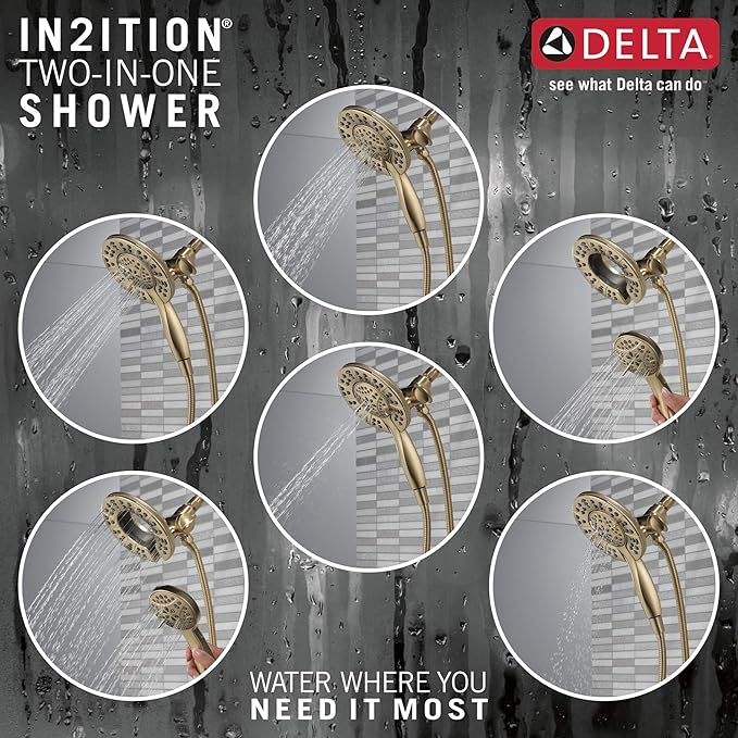 Delta Arvo 14 Series Brushed Gold Shower Faucet Set with In2ition 2-in-1 Dual Shower Head with HandHeld Spray Combo, Valve Trim Kit, Champagne Bronze 142840-CZ-I (Valve Included)
