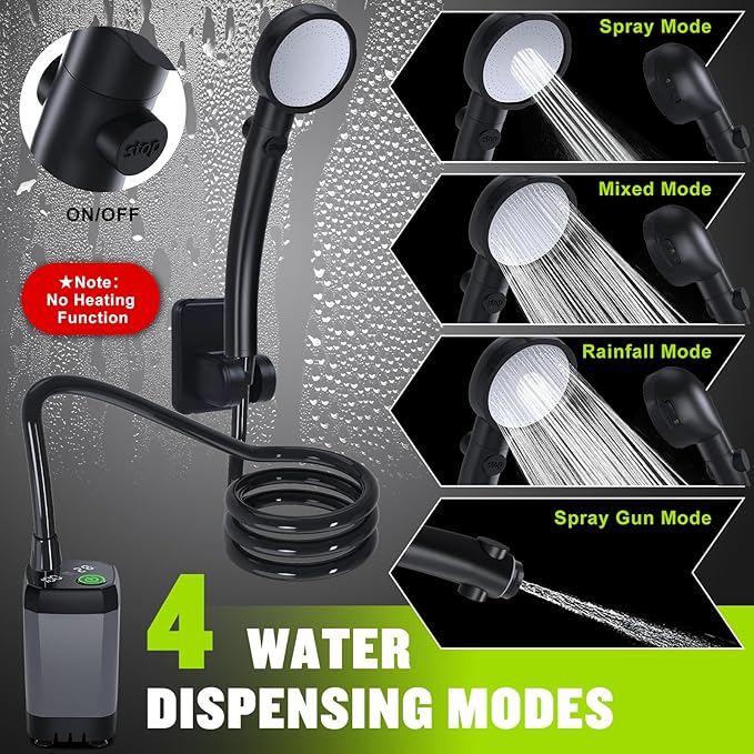 Portable Shower for Camping, [Long-Lasting] Spopal 6000mAh Rechargeable Camping Shower with Intelligent LED Display, 4 Spray Modes, IPX7 Waterproof Outdoor Camp Pump for Hiking, Travel, Car, Pet