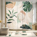 4 PCS Boho Shower Curtain Set 72Wx72H, Non-Slip Bath Rug Toilet Lid Cover and U Shape Mat Green Modern Tropical Palm Leaves Complete Bathroom Set Accessories with 12 Hooks Bathroom Decor