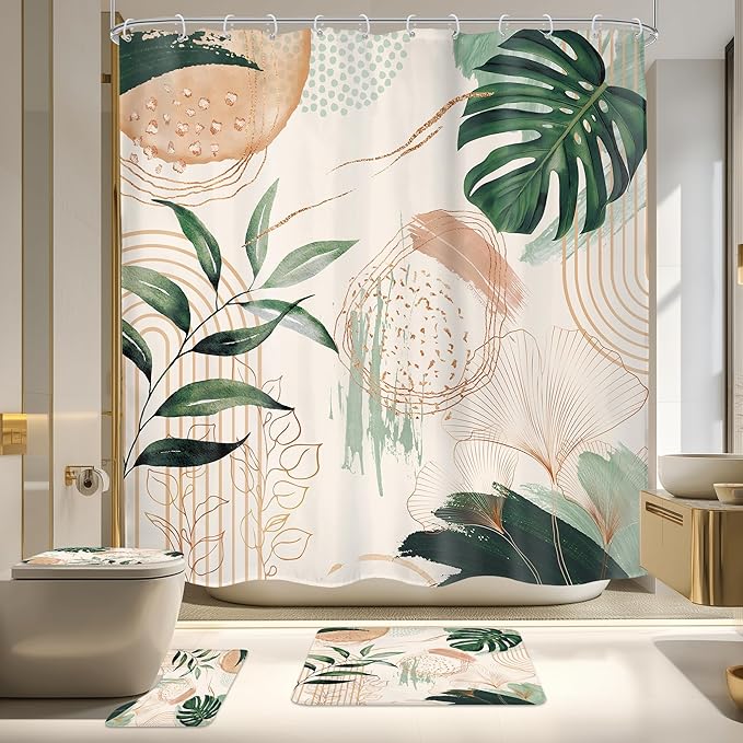 4 PCS Boho Shower Curtain Set 72Wx72H, Non-Slip Bath Rug Toilet Lid Cover and U Shape Mat Green Modern Tropical Palm Leaves Complete Bathroom Set Accessories with 12 Hooks Bathroom Decor