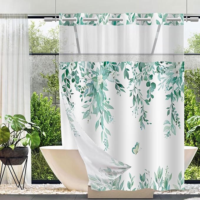 No Hook Shower Curtain and Liner Set, Teal Eucalyptus Floral Shower Curtains for Bathroom, Bath Curtain Sets with Snap in Liner, Waterproof with See Through Top Window, 71x77 Inches