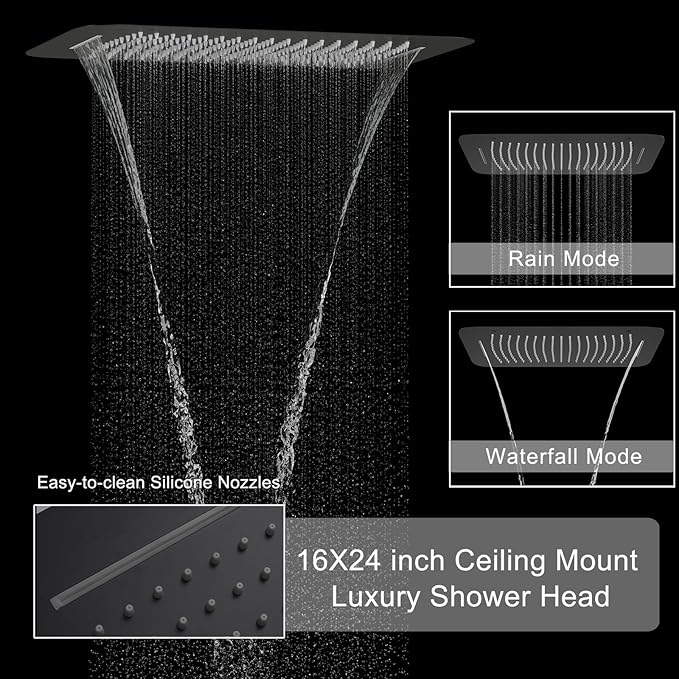 Matte Black Digital Display Shower System with 16X24 inch Ceiling Mounted Shower Head(Rain&Waterfall Modes), with Handheld Spray and 6 PCS Dual Modes Body Jet