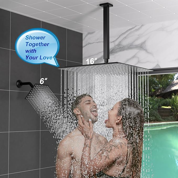 Enga Thermostatic Dual Rain Shower System (Eco-Performance), Shower Faucet Set with 16"+6" Rain Shower Heads & Handheld, All Functions Simultaneous, Adjustable Volume, Matte Black