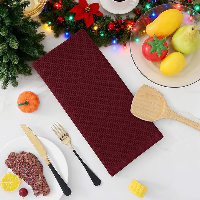 Homaxy 100% Cotton Waffle Weave Kitchen Dish Towels, Ultra Soft Absorbent Quick Drying Cleaning Towel, 13 x 28 Inches, 6-Pack, Burgundy