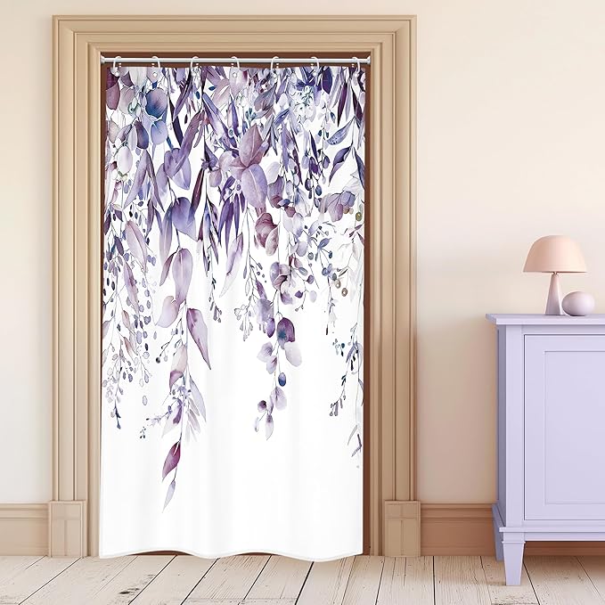 Riyidecor Small Stall Rv Narrow Single Shower Curtain for Bathroom Decor 36Wx72H Stand Up Half Purple Eucalyptus Plants Leaves Botanical Art Printed Fabric Polyester Waterproof 7 Pack Plastic