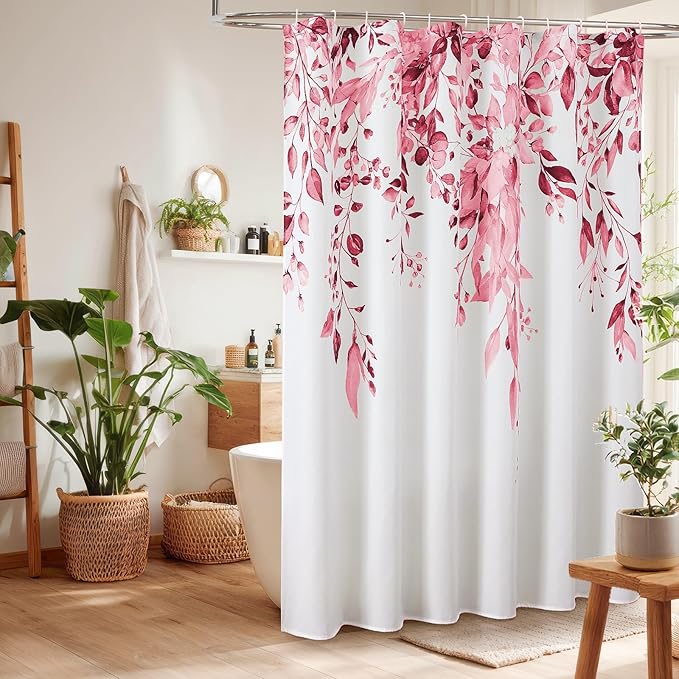 Colorful Star Pink Eucalyptus Waterproof Shower Curtain Set with Hooks, Minimalist Watercolor Floral Print Bathroom Décor, Plant Leaves Washable Fabric Shower Curtain, 72 x 72 Inch