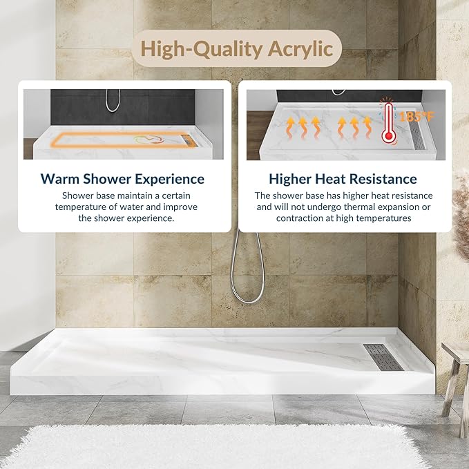 MORVANO 60 x 32 Shower Base with Single Threshold Rectangular Right Drain Location Shower Base,Shower Pan With Stainess Steel Cover,Marble White Acrylic Shower Base
