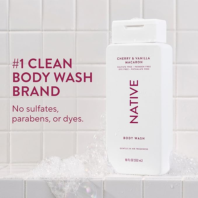 Native Body Wash Contains Naturally Derived Ingredients | For Women & Men, Sulfate, Paraben, & Dye Free Leaving Skin Soft and Hydrating | Cherry & Vanilla Macaron 18 oz