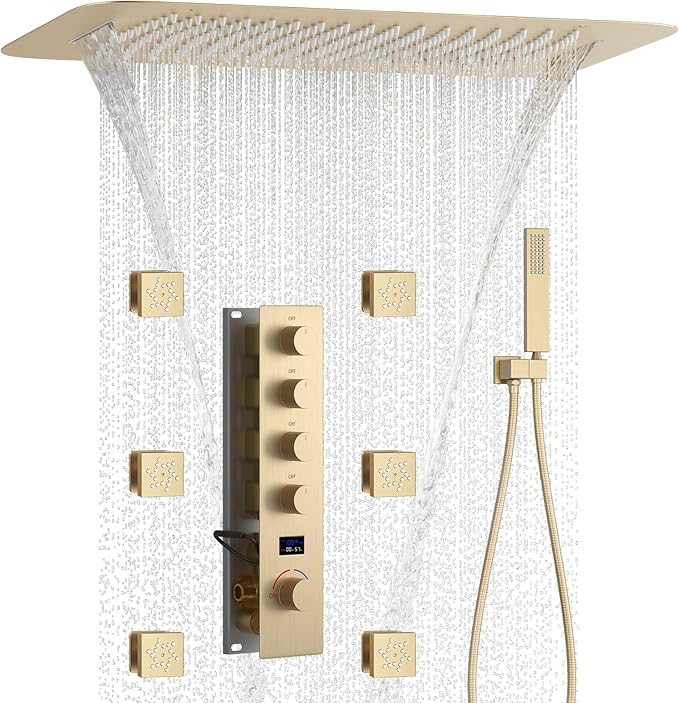 Brushed Gold Digital Display Shower System with 16X24 inch Ceiling Mounted Shower Head(Rain&Waterfall Modes), with Handheld Spray and 6 PCS Dual Modes Body Jet