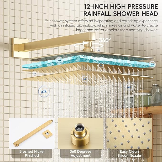 Gold Shower System, Shower Faucet Set with High Pressure 12 inch Shower Head and HandHeld, Wall Mounted Bathroom Shower Head Set,Shower Faucet Rough-in Valve and Trim Kit, Brushed,Gold