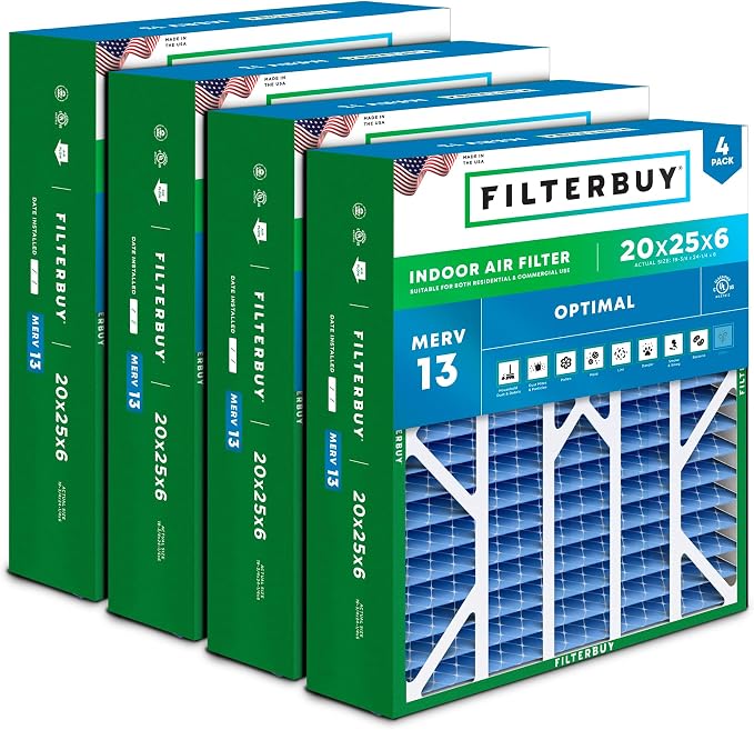 Filterbuy 20x25x6 Air Filter MERV 13 Optimal Smoke & Allergy Defense, Pleated by Filterbuy