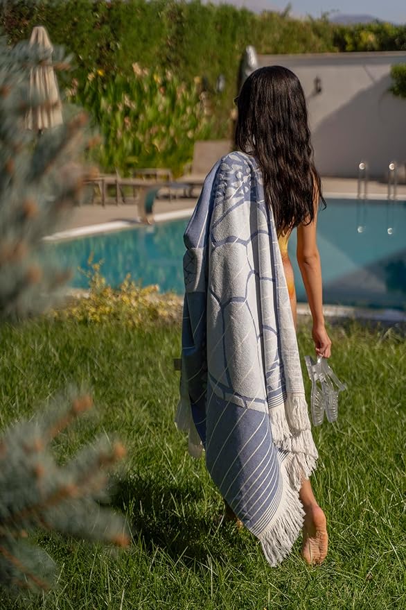 SOFE H&L | LINVIA Foutah Quick Dry Beach Towel Pack of 2 (35” x 70”) CARETTA - Blue | Lightweight, Premium, Fade Resistant, Durable | Travel Towel, Turkish Beach Towel with Shoulder Strap