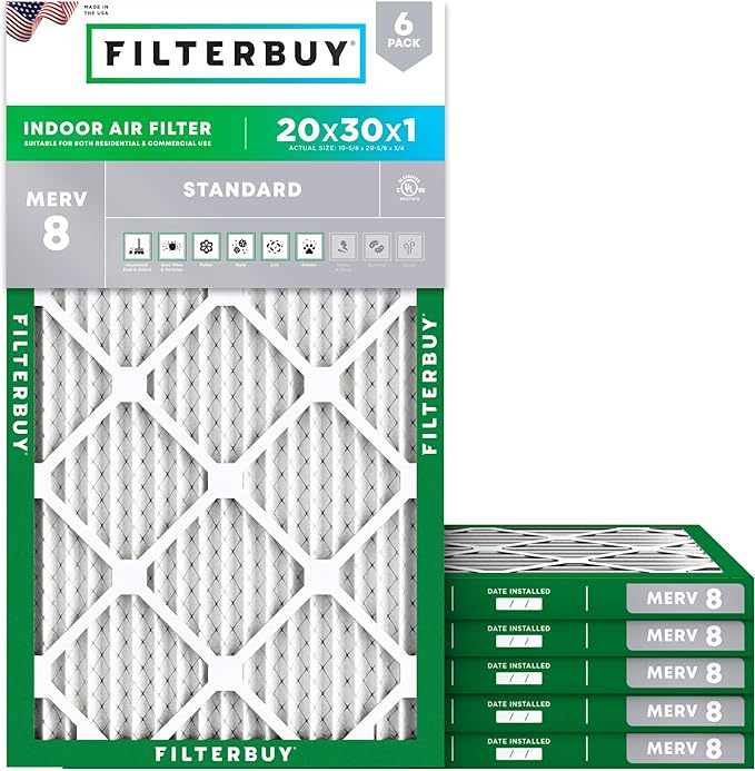 Filterbuy 20x30x1 Air Filter MERV 8 Essential Dust & Allergy Defense, by Filterbuy