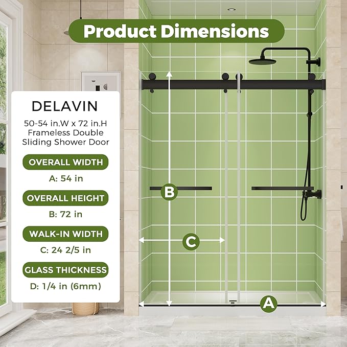 DELAVIN 50-54" W x 72" H Double Sliding Shower Door, Frameless Shower Door, 1/4"(6mm) SGCC Tempered Glass, Noiseless Shatterproof Shower Doors with Square Rail, Stainless Steel, Aluminum, Black