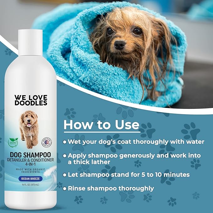 We Love Doodles (Short Pins) Pet Rubber Bath Brush and Dog Shampoo (Bundle) - for Shower Scrubbing & Soothing Massage and Organic Dog Shampoo, Conditioner & Detangler - Made in The USA