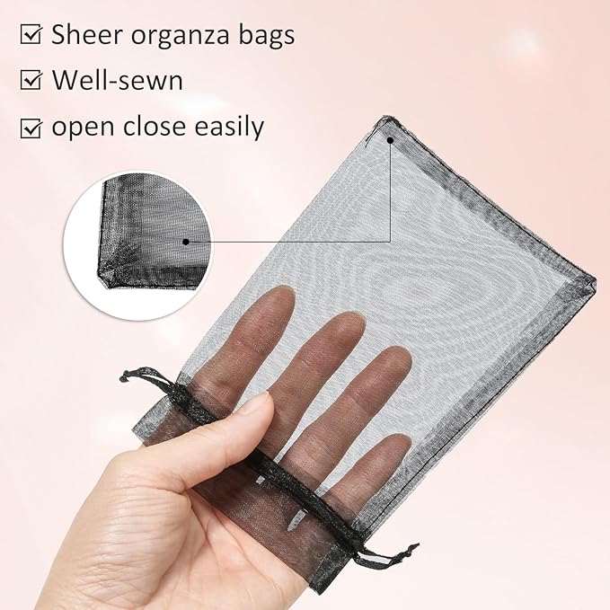 Hopttreely 100pcs Organza Bags, Black 4''x4.72''(10x12cm) Satin Drawstring Organza Pouch Wedding Party Favor Gift Bag Jewelry Watch Bags