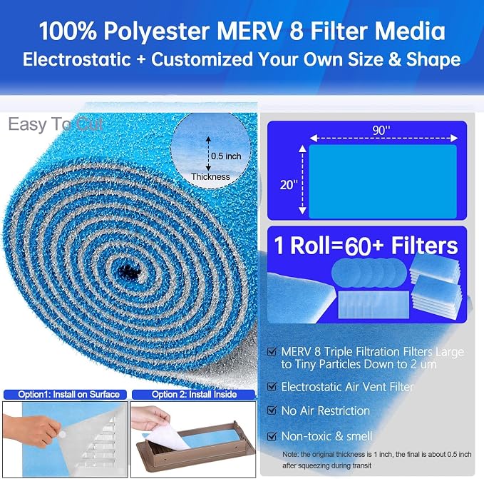 20''x90'' Air Vent Filters, High Air Flow Cut to Size MERV 8 Electrostatic - Image 2