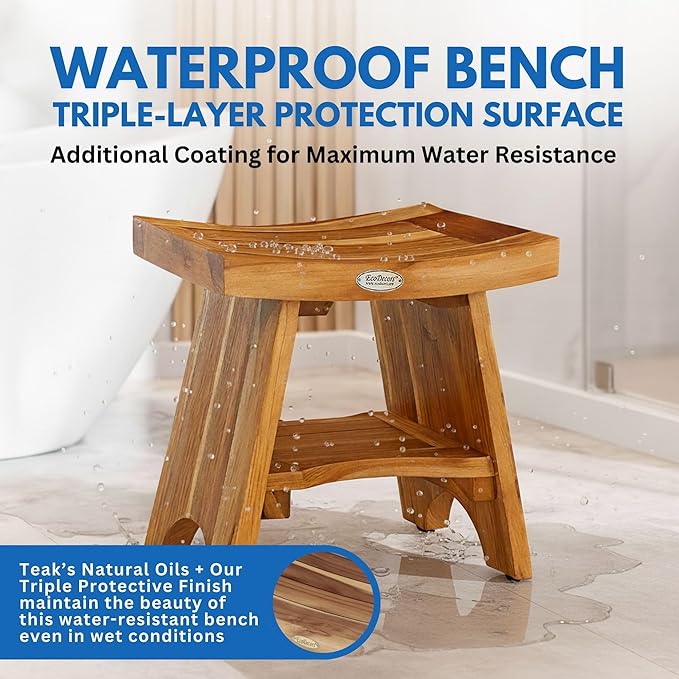 EcoDecors Teak Shower Bench with Shelf 18", 300 lb Capacity – Fully Assembled Waterproof Wood Spa Seating for Adults - Compact Fit for Small Bathrooms & Walk-in Showers - Slip-Resistant Feet