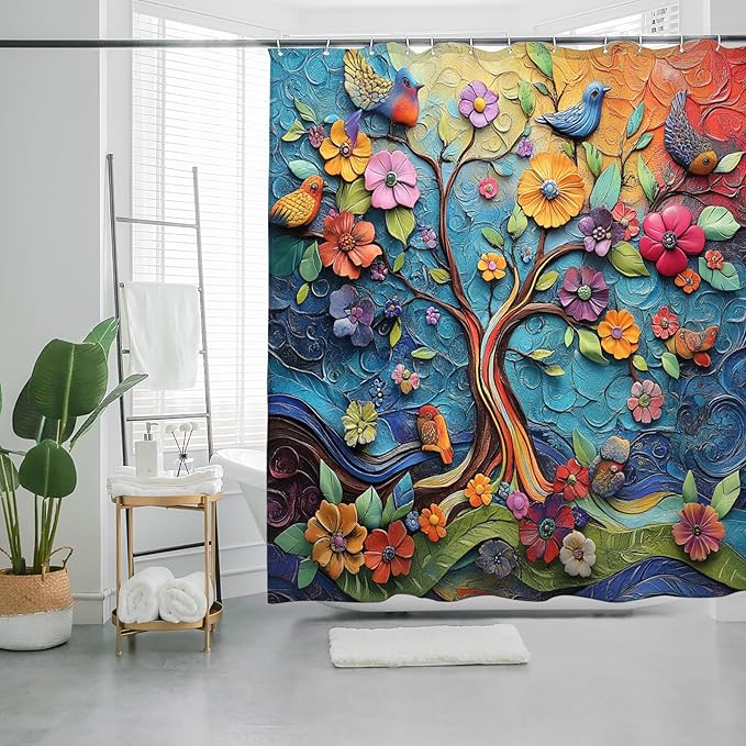 Bohemian Shower Curtain, Boho Floral Print Water Repellent Polyester Fabric for Bathroom Decor, 72×72 Inch Standard Size with 12 Hooks, Also as Room Divider
