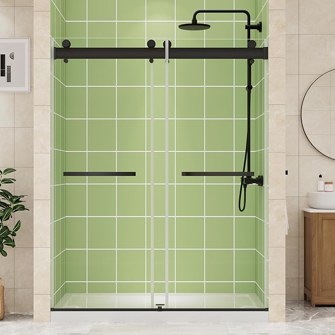 DELAVIN 44-48" W x 75" H Double Sliding Shower Door, Black Shower Door, 1/4" (6mm) SGCC Tempered Glass, Noiseless Shatterproof Shower Doors with Square Rail, Stainless Steel, Aluminum