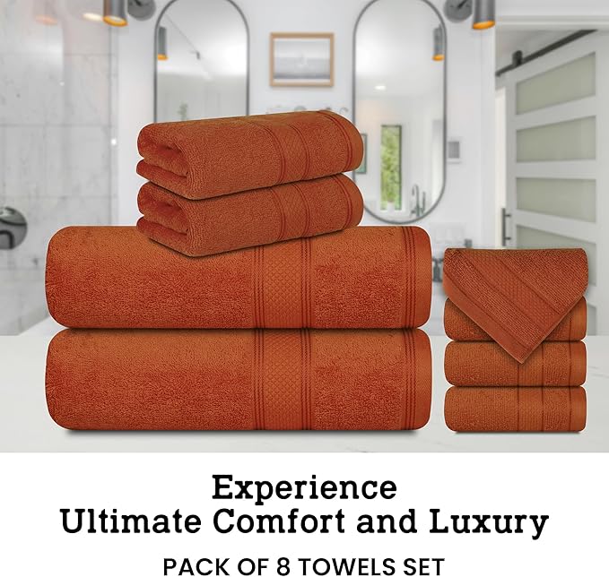 Casa Lino Bath Towel Set of 8 (2 Bath Towels, 4 Wash Cloths & 2 Hand Towels for Bathroom) - 100% Cotton - Highly Absorbent & Quick Dry - Guest Room Essentials for Bathroom Set - (Coral Orange)