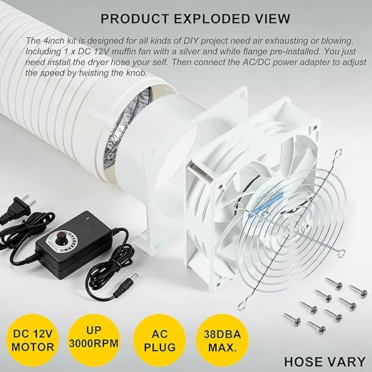 4in DC12V Fume Extractor Air Exhaust Fan Kit, 3000RPM 120*38mm, AC Controller - Image 6
