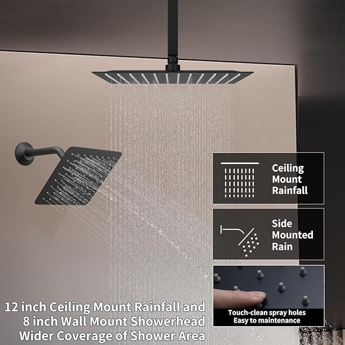 Thermostatic Shower System Matte Black Shower Faucet Set, Four Modes Shower Faucet with 4 PCS Body Jet, Handheld Spray, Ceiling Mount 12 inch Shower Head with 8 inch Wall Mount Shower Head
