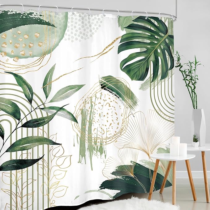 Sage Green Boho Shower Curtain 72Wx78H Mid Century Modern Tropical Palm Leaves Plant Abstract Bohemian Geometric Arch Bathroom Decor Botanical Bath Curtain Fabric Polyester 12 Pack Hooks