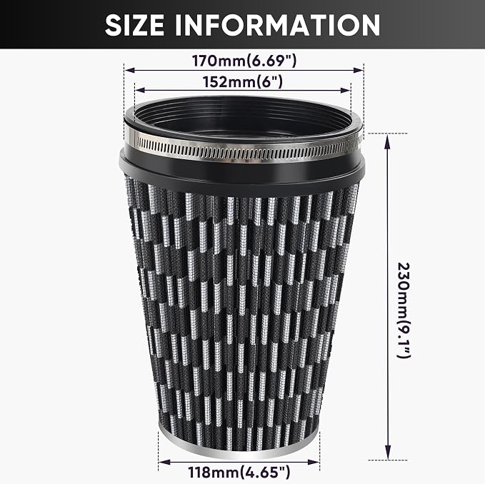 6" 152mm Cold Air Intake Filter Clamp-On Replacement High Flow Inlet Air Filter - Image 2