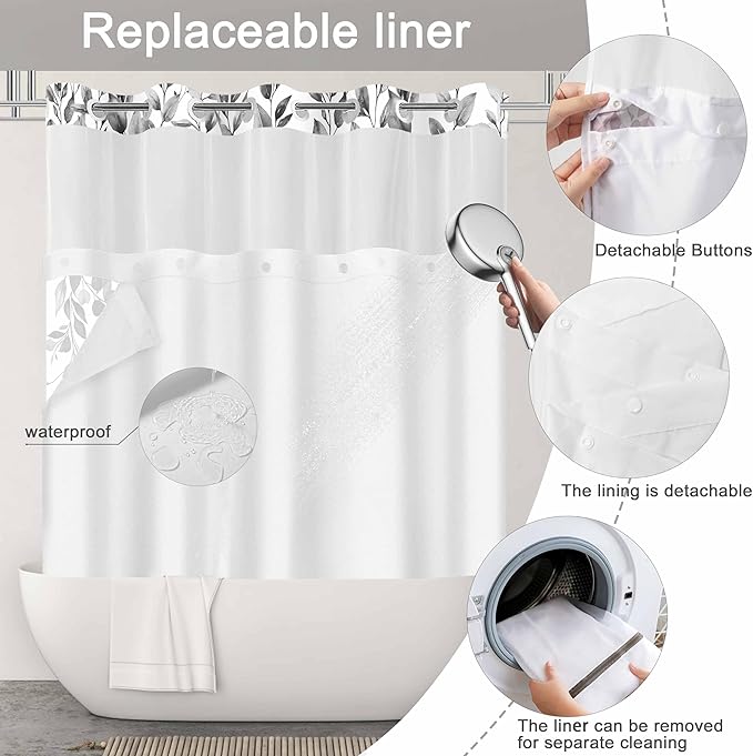 No Hook Shower Curtain and Liner Set, Grey Eucalyptus Floral Shower Curtains for Bathroom, Bath Curtain Sets with Snap in Liner, Waterproof with See Through Top Window, 71x77 Inches