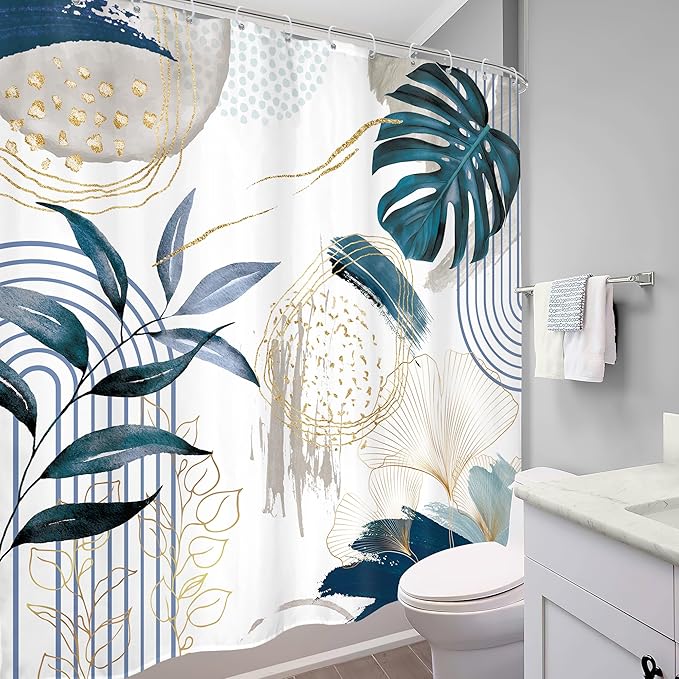 Navy Blue Boho Shower Curtain 72Wx72H Modern Mid Century Abstract Gold Tropical Leaves Palm Minimalist Plant Geometric Arch Bathroom Decor Botanical Bath Curtain Fabric Polyester 12 Pack Hooks