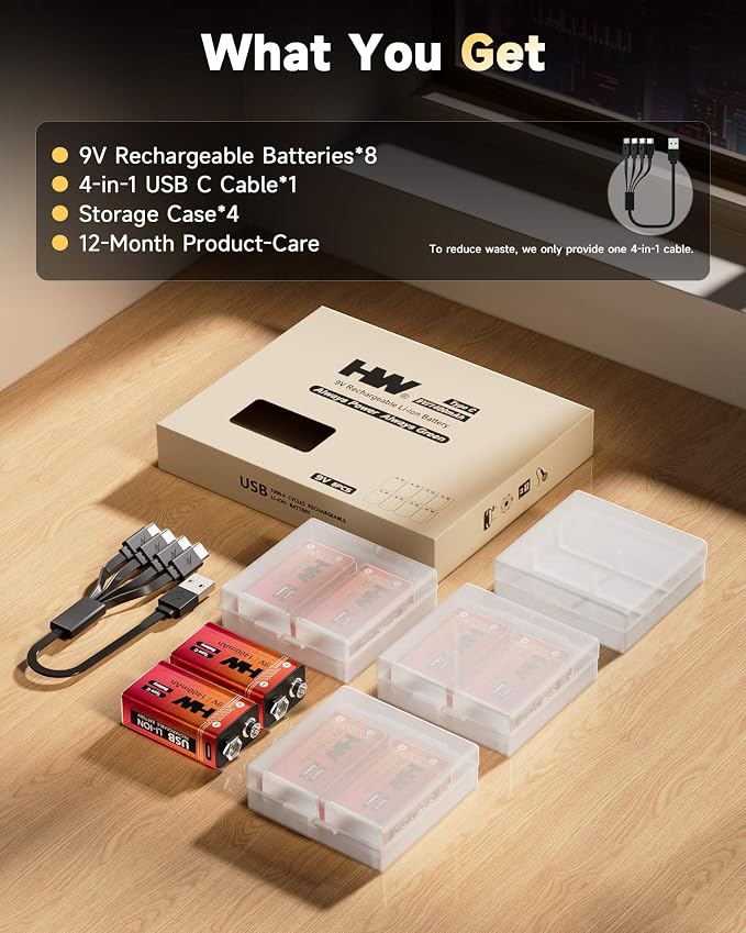 HW 9V Rechargeable Lithium Battery 8 Pack, 1400mAh 9 Volt Batteries - Image 5