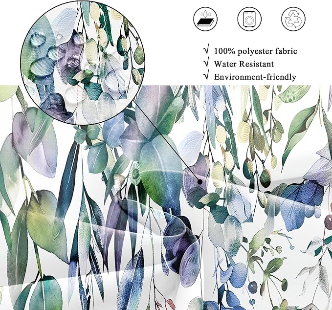 Riyidecor Small Stall Teal Eucalyptus Shower Curtain for Bathroom Decor 36Wx72H Green Leaves Plant Watercolor Floral Rustic Botanical Spring Art Printed Fabric Polyester Waterproof 7 Pack Plastic