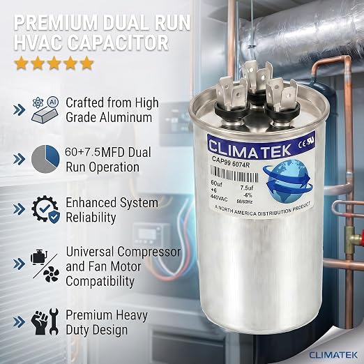 ClimaTek 60 + 7.5 MFD 370/440 Volt Dual Run Capacitor CAP99-6074R | 60/7.5 | VAC - Image 5